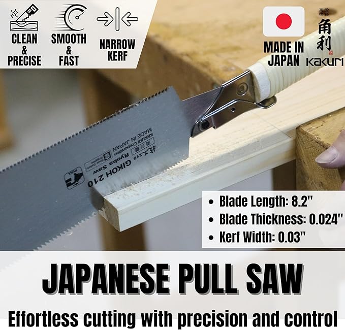 KAKURI Japanese Pull Saw 8.2" for Woodworking - Ryoba Double Edge Hand Saw with Blade Cover, Cane-Wrapped Handle, Tool-Free Blade Replacement - Made in Japan