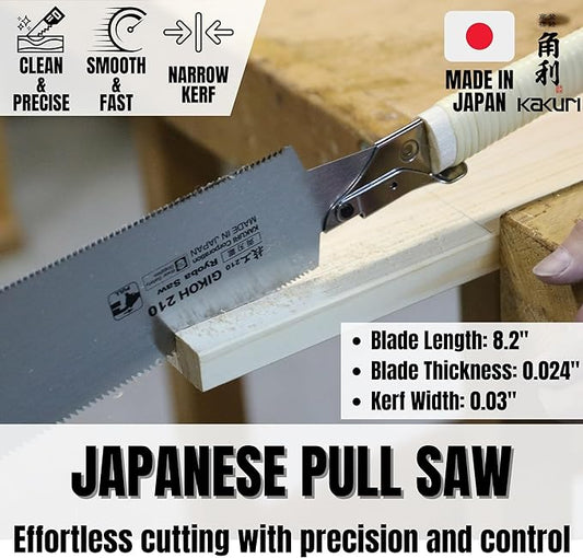 KAKURI Japanese Pull Saw 8.2" for Woodworking - Ryoba Double Edge Hand Saw with Blade Cover, Cane-Wrapped Handle, Tool-Free Blade Replacement - Made in Japan