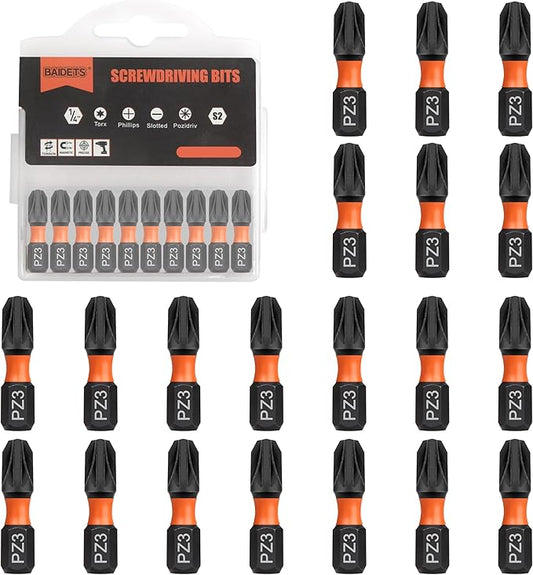 Pro PZ3 Bit Assortment - Screwdriver Bits Set 20Pcs, 25mm Length, Pozi Screwdriver Bit, 1/4 Inch Hex Shank, with Storage Box