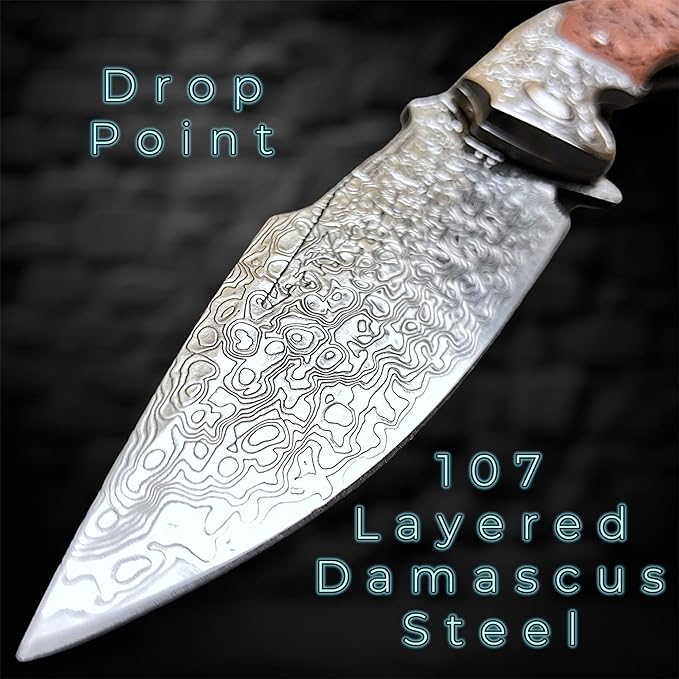 TACTICAL GEARZ Damascus Steel Pocket Knife, Custom Carved Rosewood Handle, Includes Custom Leather Sheath (Kahuna XT)