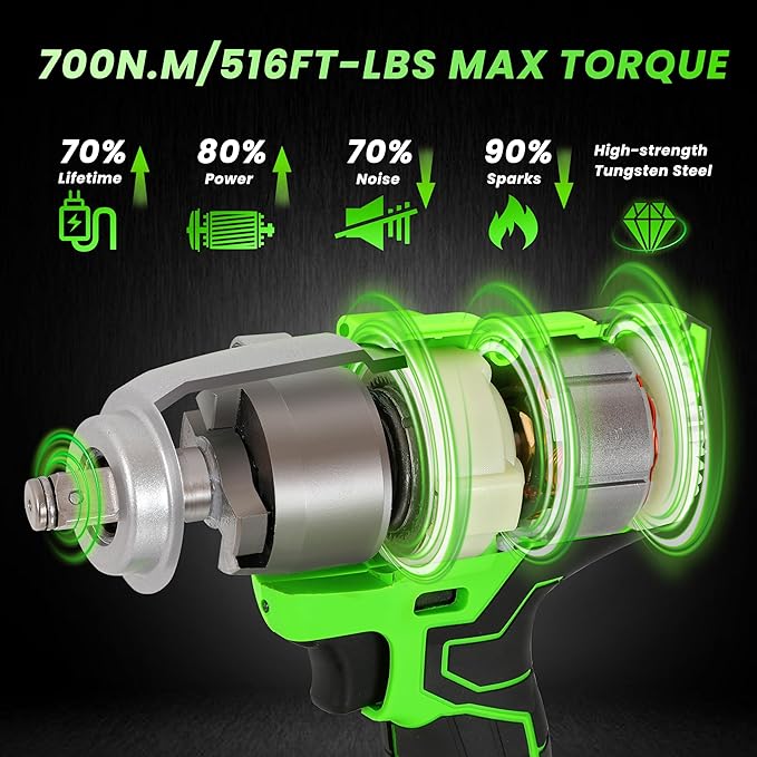BOOTEE Cordless Impact Wrench 1/2 Inch, 516ft-lbs (700N?팵) Brushless Impact Gun, 3500RPM w/2x4.0Ah Battery, 5 Sockets, High Torque Electric Impact Driver for Car/Truck/Home DIY