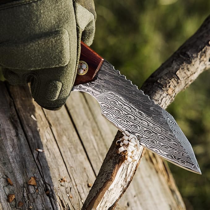 FLISSA 8-1/2 Inch Damascus Steel Hunting Knife, Fixed Blade Knife with Leather Sheath, Full-Tang Construction Survival Knife for Camping, Hiking and Outdoor Adventures, Rosewood Handle, Great Gifts for Husband, Wife, Mom and Dad