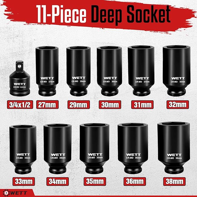 WETT 1/2" Drive Deep Large Impact Socket Set, 11-Piece Spindle Axle Nut Wheel Wrench Sockets Set, Jumbo Metric 6 Point Sockets with 3/4 to 1/2 Adapter, CR-MO, (27mm-38mm)