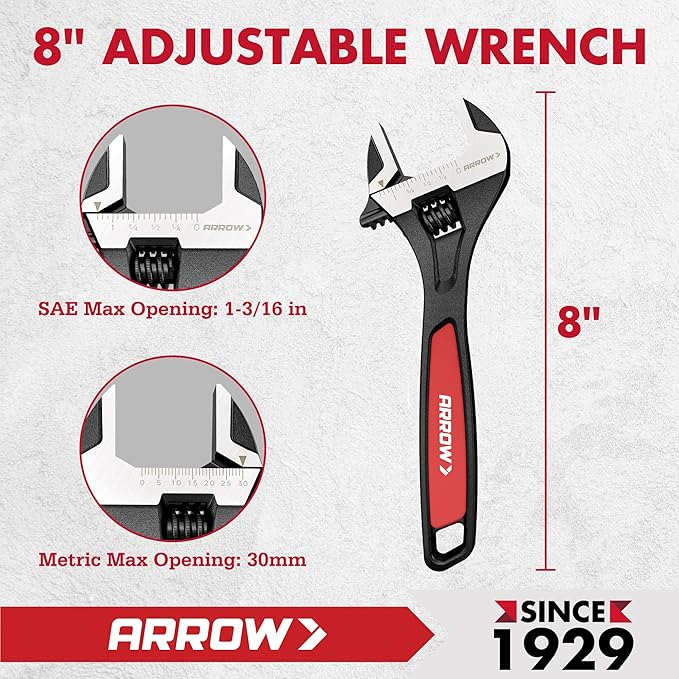 ARROW 8-Inch Adjustable Wrench, Cr-V Steel, Wide Jaw Black Oxide Wrench with Inch/Metric Laser Scales, Non-Slip Grip & Hanging Hole, for Home, Garage, Workshop and DIY