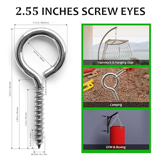 M5 10 Pcs 304 Stainless Steel Screws Eye,2.56 Inch Screw Self Tapping Eye,Load Bearing 200LB, Duty Eye Bolt for Wood Securing Cables Wire,Indoor & Outdoor Use (10, M5 2.56 Inch)