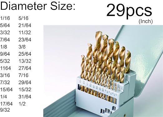 DRILLFROCE 29pcs HSS Jobber Length Titanium Coated Twist Drill Bits Set 1/16"-1/2" in Metal Case