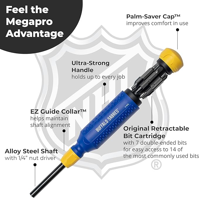 MEGAPRO짰 NHL짰 Team Edition Multi-bit Screwdriver | Officially Licensed NHL짰 Gear | Durable, Ergonomic, Pro-Grade Screwdriver (Buffalo Sabres짰)