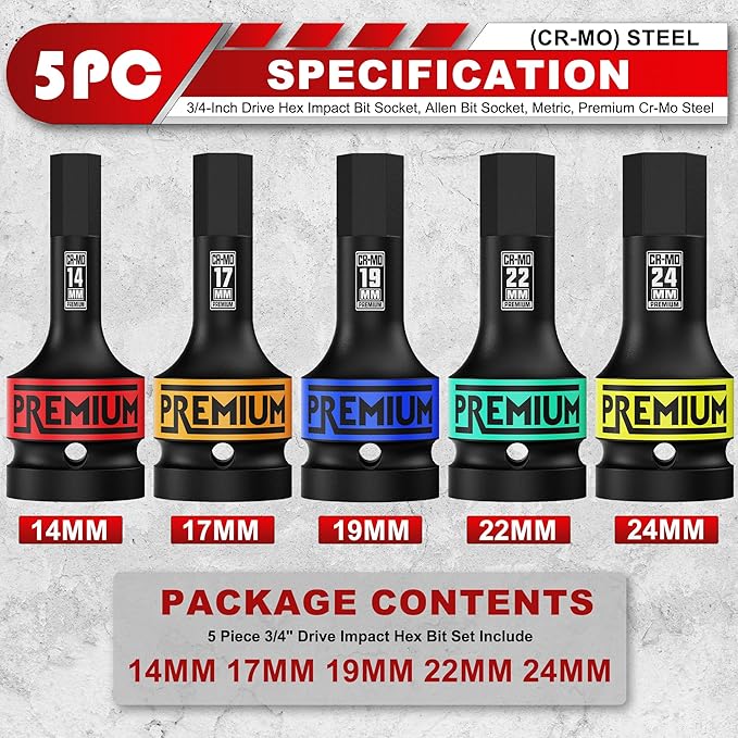 3/4" Drive Impact Hex Bit Socket Set, Metric,14mm, 17mm, 19mm, 22mm, 24mm, Impact Allen Bit Socket, Cr-Mo Steel, One-Piece Construction, 5-Pieces
