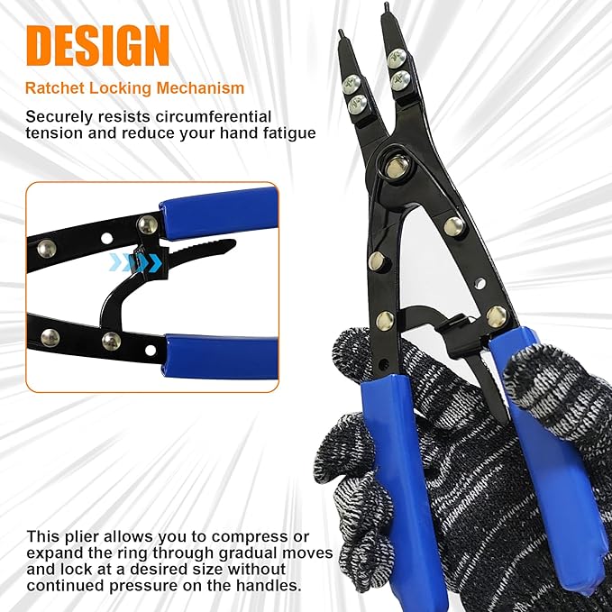 38700 Snap Ring Pliers Internal External 10" Large Heavy Duty Ratchet Locking Design Anti-slip Circlip Pliers Blue Automotive Removal Tool Kit Compatible with Ford Super Duty Pickups 2007 and Newer