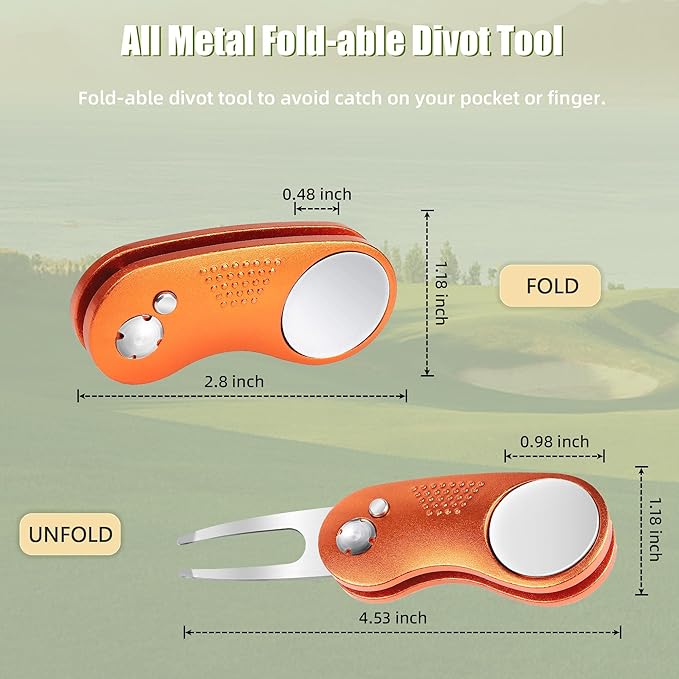 Mile High Life Golf Divot Repair Tool, All Metal Foldable Divot Tool with Pop-up Button & Magnetic Ball Marker