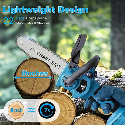 Mini Chainsaw Cordless 8 Inch with 2x 5200mAh Batteries, Portable Electric Chain Saw, Automatic Oiler, Battery Powered Small Handheld Saw,Trees Branches Trimming, Wood Cutting (Blue)