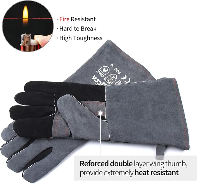 RAPICCA Fireplace Gloves Fire Heat Resistant: Grey 16IN 662?? Fireproof Leather for Fireplace Fire pit Wood stove Campfire Furnace BBQ Grill Oven Stick Mig Welding Welder Gear - Birthday Gift for men