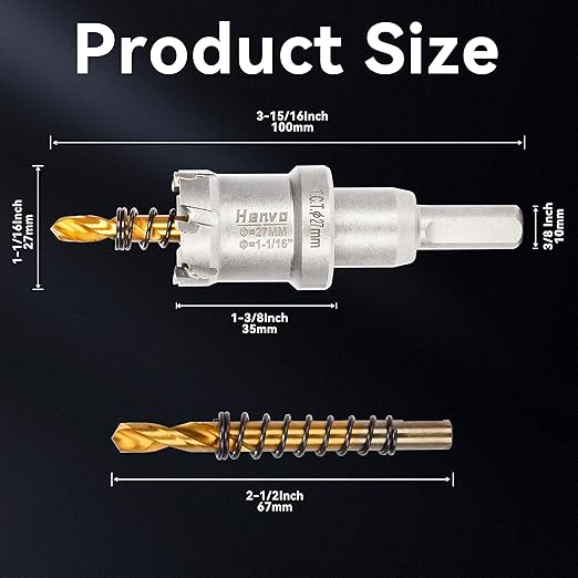Hole Saw 1-1/16" (27mm) Heavy Duty Carbide with 2 Pilot Drill Bits - Metal Hole Cutter Cuts Stainless Steel, Iron, Copper, Brass, Plastic