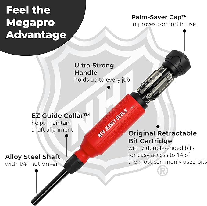 MEGAPRO짰 NHL짰 Team Edition Multi-bit Screwdriver | Officially Licensed NHL짰 Gear | Durable, Ergonomic, Pro-Grade Screwdriver (New Jersey Devils짰)