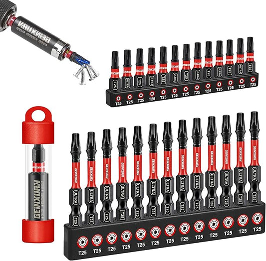 Impact Torx Screwdriver Bits Set,26Pcs 1??2?쒶agnetic T25 S2 Steel Star Driver Bits and 1Pc Bit Holder with Color Coded Base