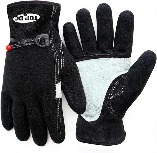 TOPDC Leather Work Gloves for Men or Women, Cowhide Leather Gloves for Gardening, Tig/Mig Welding, Chainsaw, Farm, Ranch, Reinforced Palm, Adjustable Cuff, Cotton Lining, Firm Grip & Durable, S