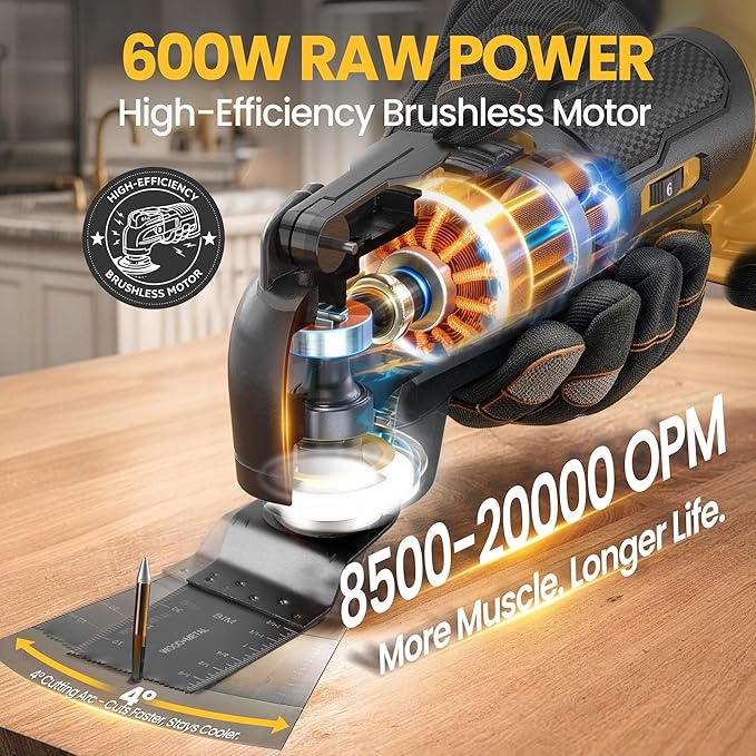 Cordless Oscillating Tool with DeWalt 20V MAX Batteries,6 Variable Speed Brushless Motor (6000-20000 OPM), 4째 Swing Angle, 23-Piece Accessory Kit for Sanding, Cutting & Scraping(Tools Only)