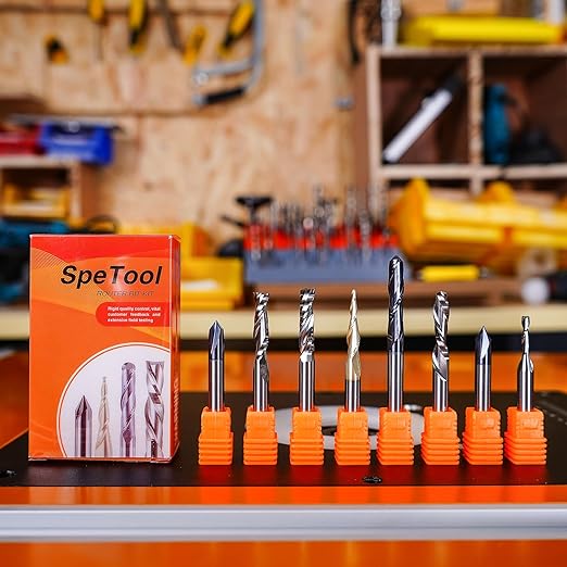 SpeTool 8Pcs Carbide CNC Router Bits Set 1/4 Inch Shank for Woodworking Detail Carving Trimming V Groove Engraving Slotting Mortise