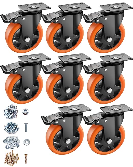 Casters, 5" Caster Wheels竊똂asters Set of 8 Heavy Duty - ASRINIEY Orange Polyurethane Castors, Top Plate Swivel Wheels, 8-Pack Industrial Casters with Brake, Locking Casters for Furniture and Workbench