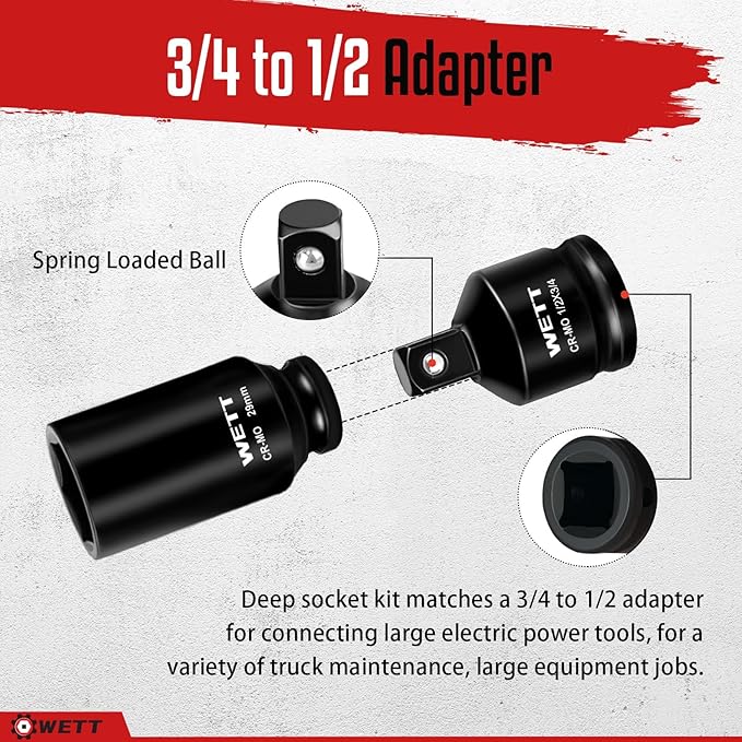 WETT 1/2" Drive Deep Large Impact Socket Set, 11-Piece Spindle Axle Nut Wheel Wrench Sockets Set, Jumbo Metric 6 Point Sockets with 3/4 to 1/2 Adapter, CR-MO, (27mm-38mm)