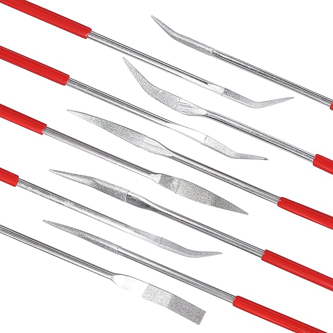 YAKAMOZ 10Pcs Curved Mini Diamond Metal Files Set 3x160mm Bent Round Needle File Triangular Square Flat Riffler File Kit Wood Stone Glass Jewelry Fine File DIY Tools