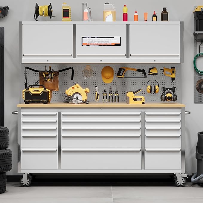 72 inch Tool Chest, Tool Box Mobile 15 Drawers, Storage Rolling Cabinet with Wheels, Lock Key Locking System Drawer Liners for Garage, Warehouse, Repair Shop