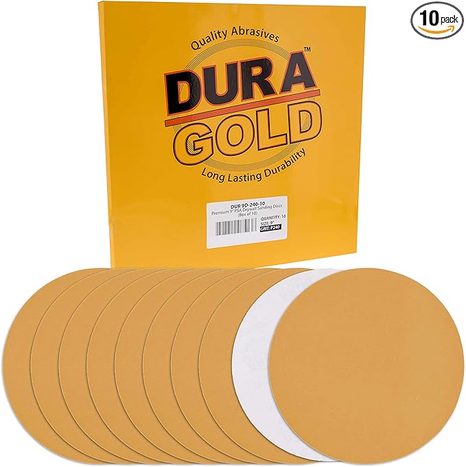 Dura-Gold Premium 9" Drywall Sanding Discs - 240 Grit (Box of 10) - Sandpaper Discs with PSA Self Adhesive Stickyback, High-Performance Fast Cutting Aluminum Oxide Abrasive - for Drywall Power Sander