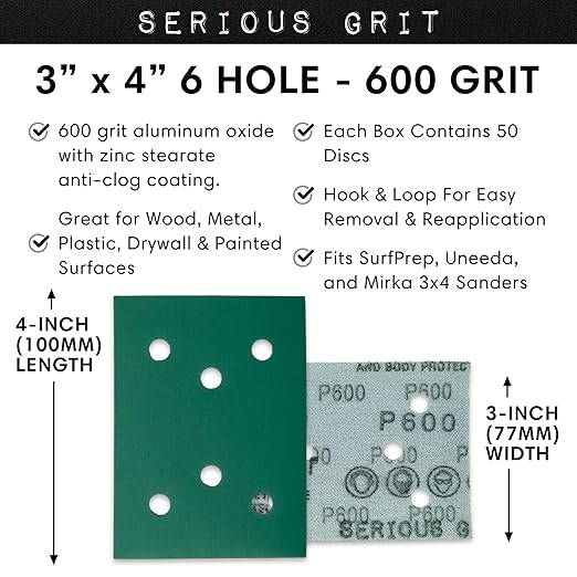 Serious Grit - 3" x 4" 6-Hole 600 Grit Sanding Sheets - Fits Surfprep, Uneeda Ekasand, Mirka DEOS 343 - Heavy-Duty Hook & Loop Film Abrasive Pads - Sandpaper for 3x4 Sheet Sanders - 50 Pack Box