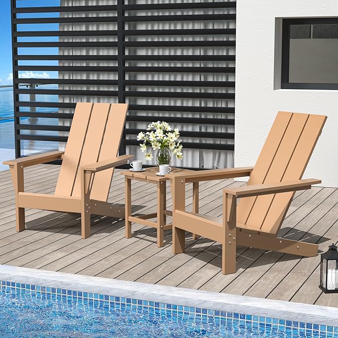 3 Pieces Adirondack Chair Set Outdoor Adirondack Chair Plastic HDPE All-Weather Adirondack Chairs Outdoor Fire Pit Chairs with Table for Deck Patio Garden（Brown）