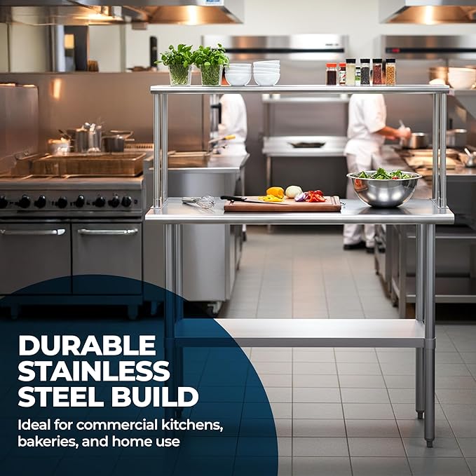 Stainless Steel Work Table with Wide Single Tier Overshelf | Metal Kitchen Prep Table & Shelving Combo (24" x 30" Work Table + 12" Overshelf)