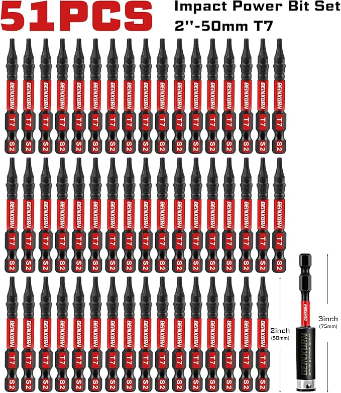 51 Pieces T7 Impact Tough Magnetic Screwdriver Bit Set, 2 In. #7 Torx Head Power Bit Set, S2 Alloy Steel T7 Star Bit with 1Pc Impact Bit Holder