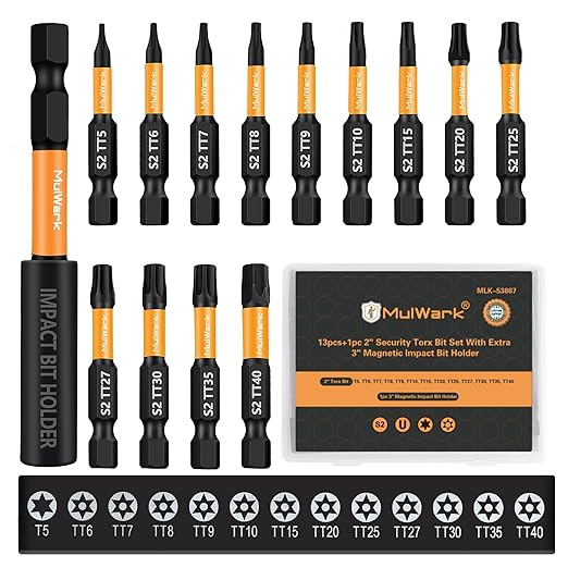 Mulwark 2" Torx Bits Set, 14 Pieces (T5?밫40) ??Premium S2 Steel Security Torx Socket Bits with Magnetic Holder, Ideal for Christmas Gifting