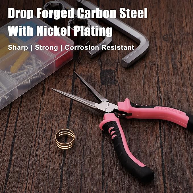 COMOWARE 6-Piece Mini Pliers Set, Needle Nose, Long Nose, Bent Nose, Diagonal, End Cutting and Linesman, for Crafts Work, Electronic Repair, with Pink Pouch