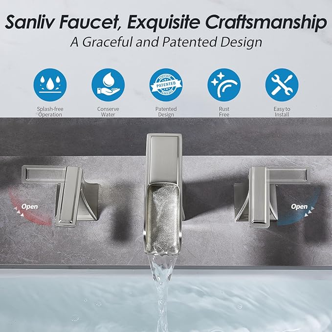 Brushed Nickel Bathroom Faucet, Sanliv Widespread Bathroom Faucet for 3-Hole Sinks 4-8 inch, 2-Handle Waterfall Vanity Faucets with Pop-Up Drain, Brushed Nickel