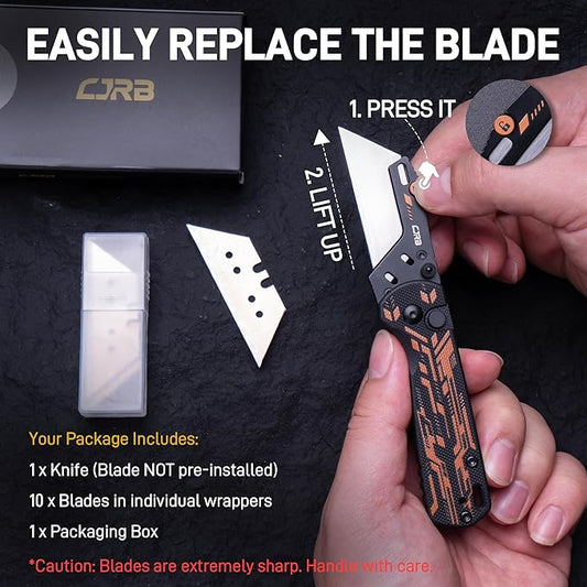 CJRB Boxer EDC Folding Utility Knife, Small Pocket Knife with G10 Handle, Includes 10PCS Total Blades(J1967 Mech Black)