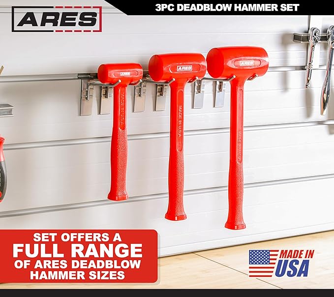 ARES 4131004 – 3-Piece Deadblow Hammer Set - Heavy Heads for Powerful Striking Force – Made in USA Tools for Automotive, Body Work, and Construction