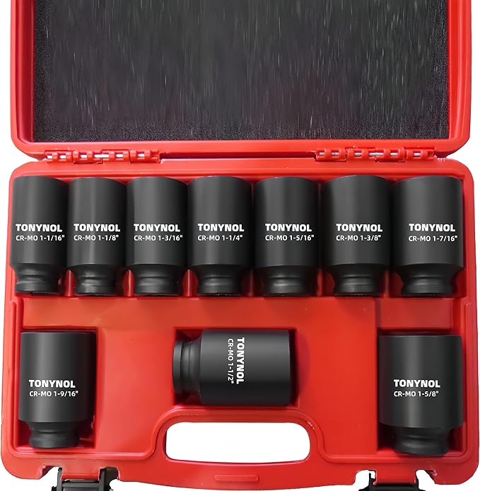 1/2" Inch Drive Impact Socket Set,6-Point,SAE (1-1/16" to 1-5/8"),10 PC Deep,Heavy Duty Impact Socket Set,With a Storage Case