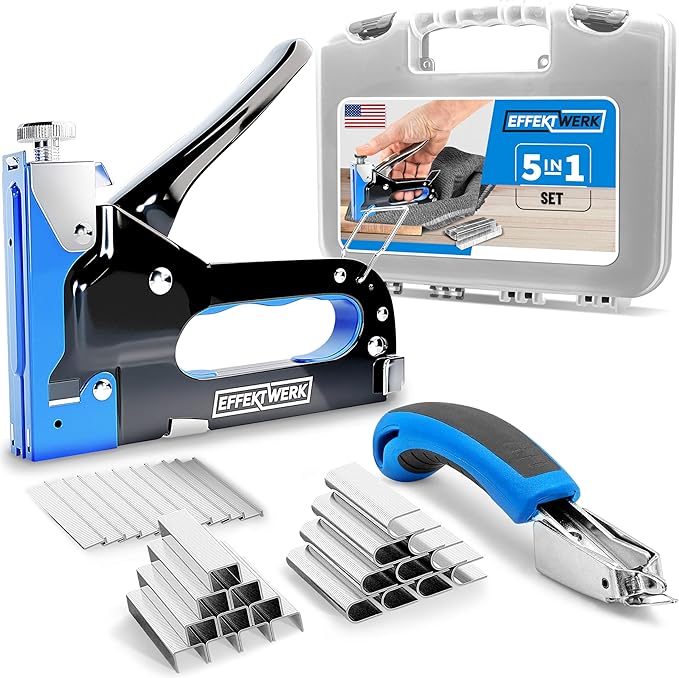 E?줨erk - 5-in-1 Staple Gun Set - Heavy-Duty Stapler w/ 1500 Staples & Staple Remover for Wood, Fabric, Carpet & Wire Mesh - Hand Tacker w/Power Adjustment for Construction, Crafts & Upholstery Work