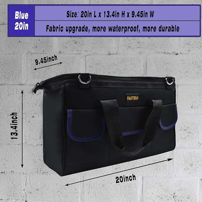 FASTECH 20 Inch Tool Bag, Waterproof Wide Mouth Tool Kit, Heavy Duty Tool Bag Organizer With Shoulder Straps, Tool Storage Package For Men/Women (20IN DarkBlue)