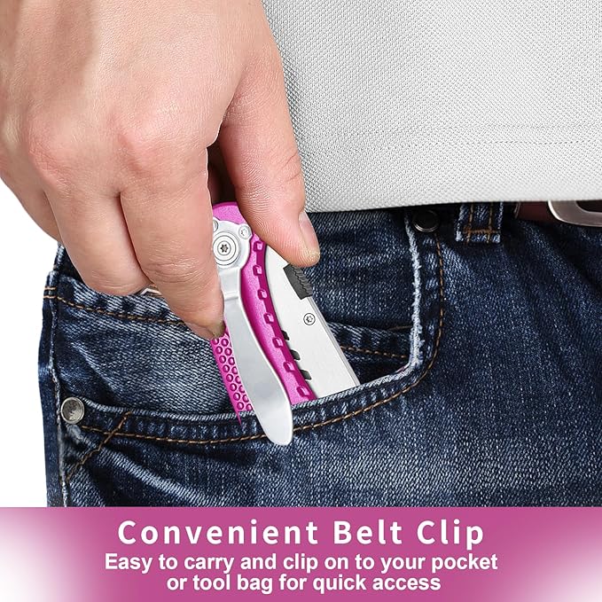 Box Cutter Heavy Duty Utility Knife, Razor Knife, Lightweight Aluminum Handle, Back-lock Mechanism, Stainless Belt Clip, for Carpet, Carton, Box, Cardboard, with 5-piece Extra Blades, Hot Pink