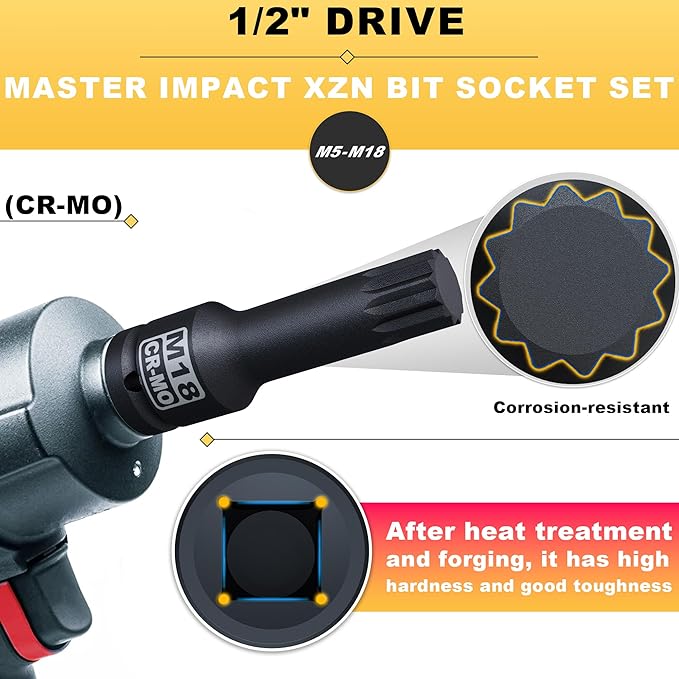 1/2" Drive Master Impact XZN Bit Socket Set, 10-Pieces: M5 - M18, Cr-Mo Steel, Heavy Duty Storage Case