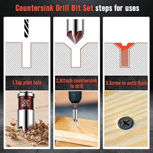 5Pcs Countersink Drill Bit Set, Premium Drill Bit with 82-Degree, 5 Flutes, Quick-Change Hex Shank, 1/4 Inch to 3/4 Inch Size, Counter Sink Bits for Wood, Metal, Plastic