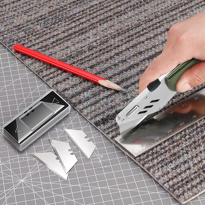 Box Cutter Heavy Duty Utility Knife, Razor Knife, Lightweight Aluminum Handle, Back-lock Mechanism, Stainless Belt Clip, for Carpet, Carton, Box, Cardboard, with 5-piece Extra Blades, Olive Green