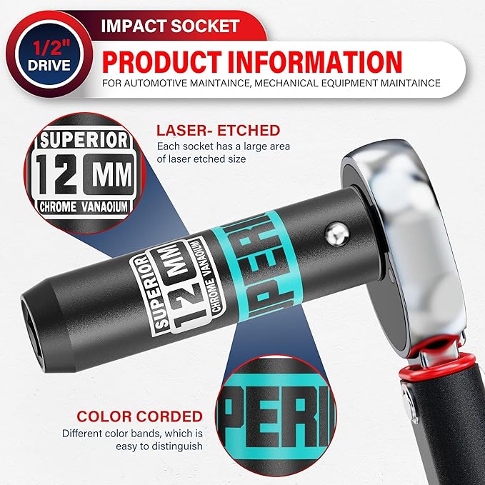 1/2" Drive Impact Socket, 12 mm Deep Socket, Metric, 6 Point, CR-V, for Automotive Maintaince, Mechanical Equipment Maintaince