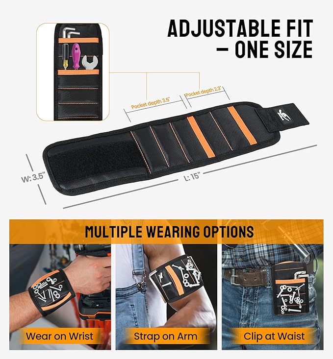 HiRui Magnetic Wristband for Tools ??Ultra-Strong 15 Neodymium Magnets Hold Screws, Nails & Bits, Dual Pockets ??Hands?멑ree for DIY, Home Repairs, Auto ??Gift?멢eady for Dad, Husband, Grandpa (Black)