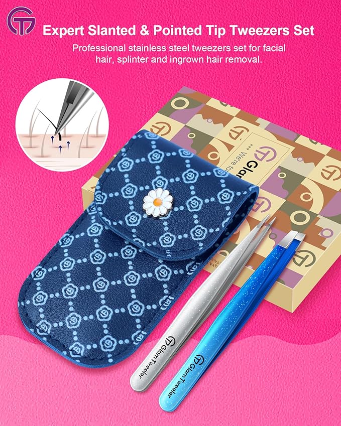 Expert Slant and Point Tip Tweezer Set with Exclusive Storage & Carrying Case, GlamTweeler Sharp & Precision Tweezer Set for Eyebrows, Facial Hairs & Fine Hairs Removal (Sparkle Royal Blue + Silver)