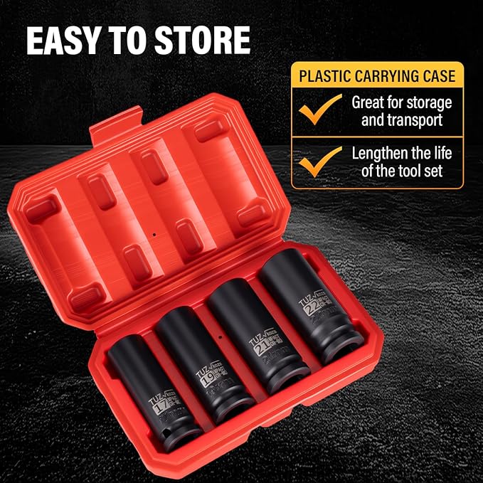 4 Pieces 1/2 inch Drive Deep Impact Socket Set,Metric,17mm 19mm 21mm 22mm,Cr-Mo,6-Point,Spindle Axle Nut Impact Socket