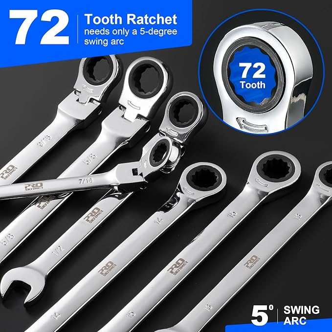Prostormer Ratcheting Combination Wrench Set, 20-Piece SAE & Metric Wrench Kit with Pouch, 72-Tooth, Cr-V Steel, 10Pcs Flex-Head 1/4" to 3/4" & 10Pcs Fixed Head 6-18mm