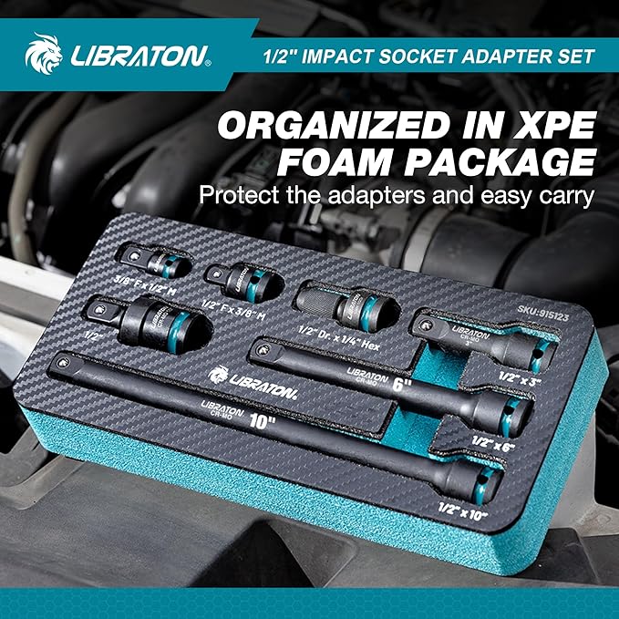 LIBRATON 1/2" Impact Socket Adapter Set 7PCS, Impact Socket Adapter Extensions 3" 6" 10", Socket Adapter Reducers, Swivel Socket, Impact to 1/4 Hex Converter, for Automotive Repair, XPE Foam