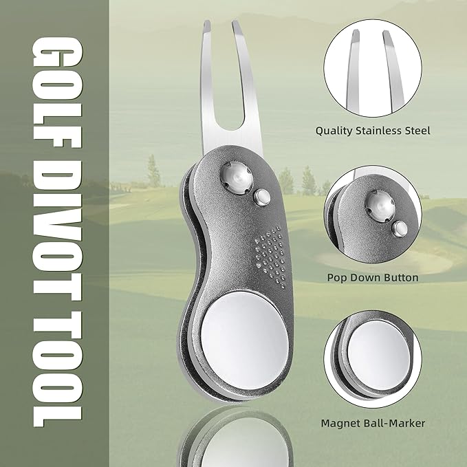 Mile High Life Golf Divot Repair Tool, All Metal Foldable Divot Tool with Pop-up Button & Magnetic Ball Marker